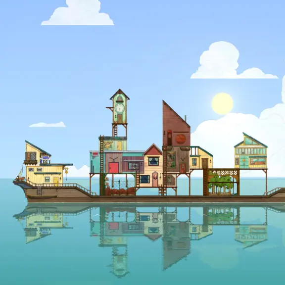 Spiritfarer’s boat reflected in calm blue water